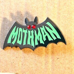 Mothman Enamel Pin Red Eyes Black Green Bat Shape Cryptid Collectible